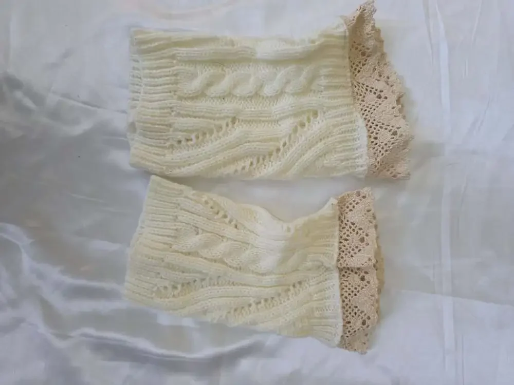 New Cable Knit Boot Cuffs Lace Trim White Winter Leg Warmers Sock Toppers